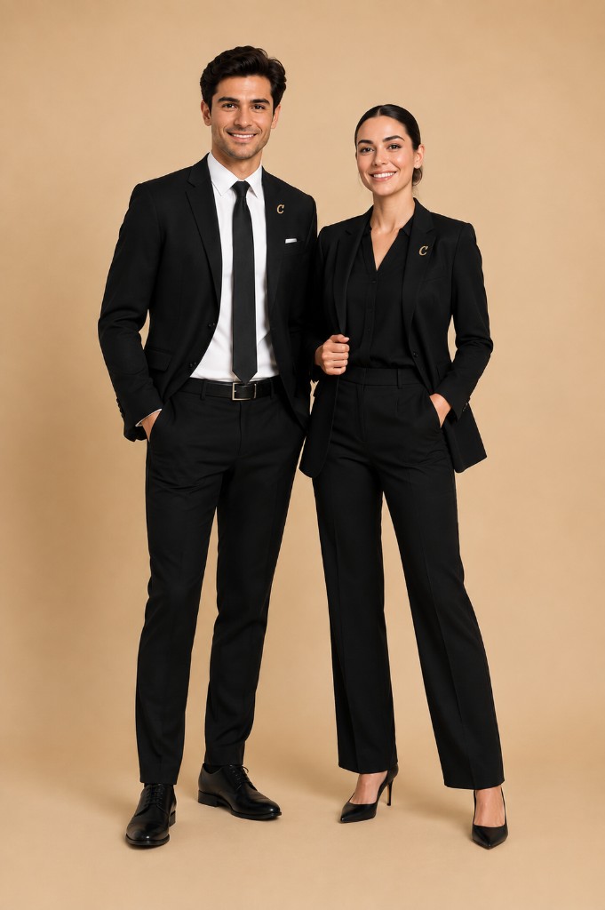 Hôte et hôtesse Celesia en costume et tailleur noirs